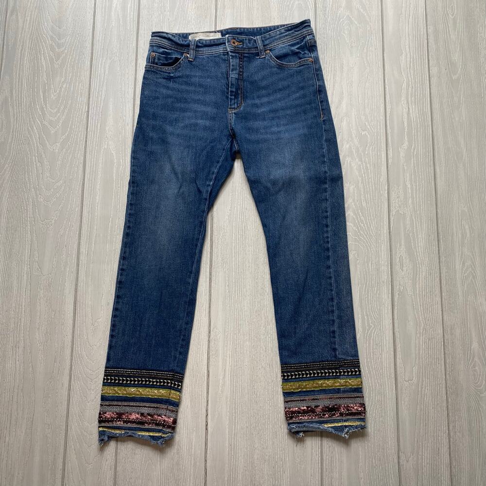 Pilcro and the Letterpress Blue Cropped Jeans with Multicolor Hem